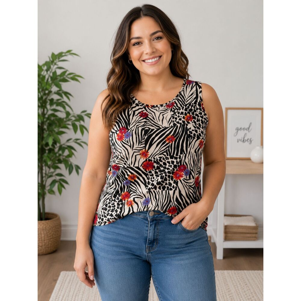 Western Connection Safari Zebra Floral Sleeveless Stretch Tank Top Women's S #14
